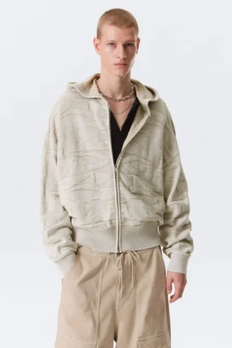 Sudadera con capucha y cremallera de punto texturado de corte recto – Beige claro estampado