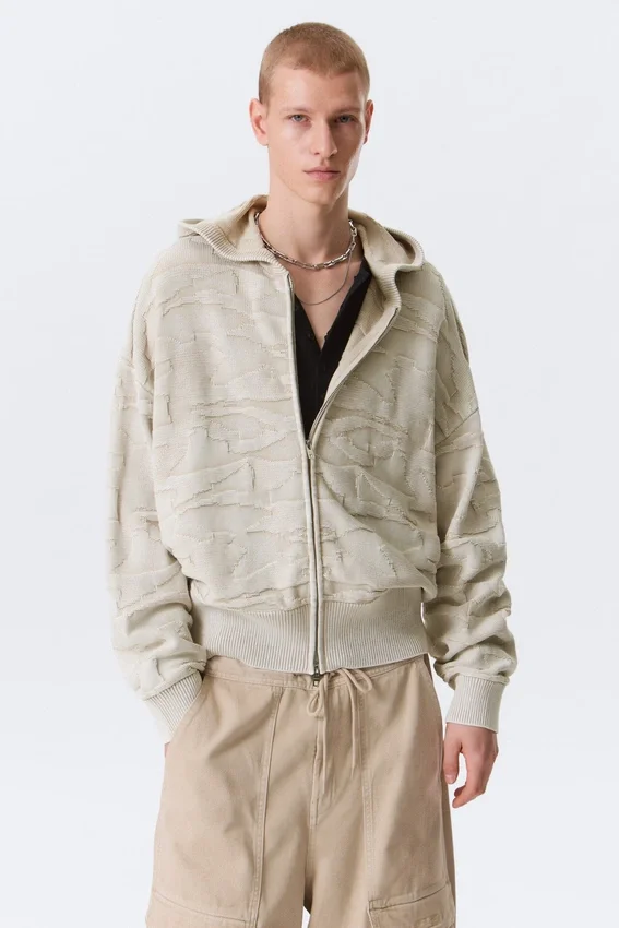 Sudadera con capucha y cremallera de punto texturado de corte recto – Beige claro estampado Sudadera con capucha y cremallera de punto texturado de corte recto – Beige claro estampado