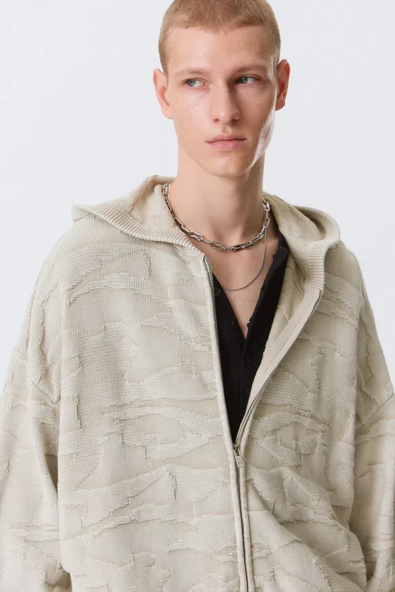 Sudadera con capucha y cremallera de punto texturado de corte recto – Beige claro estampado Sudadera con capucha y cremallera de punto texturado de corte recto – Beige claro estampado