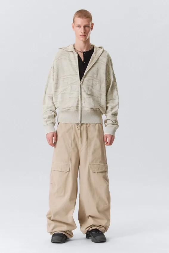 Sudadera con capucha y cremallera de punto texturado de corte recto – Beige claro estampado Sudadera con capucha y cremallera de punto texturado de corte recto – Beige claro estampado