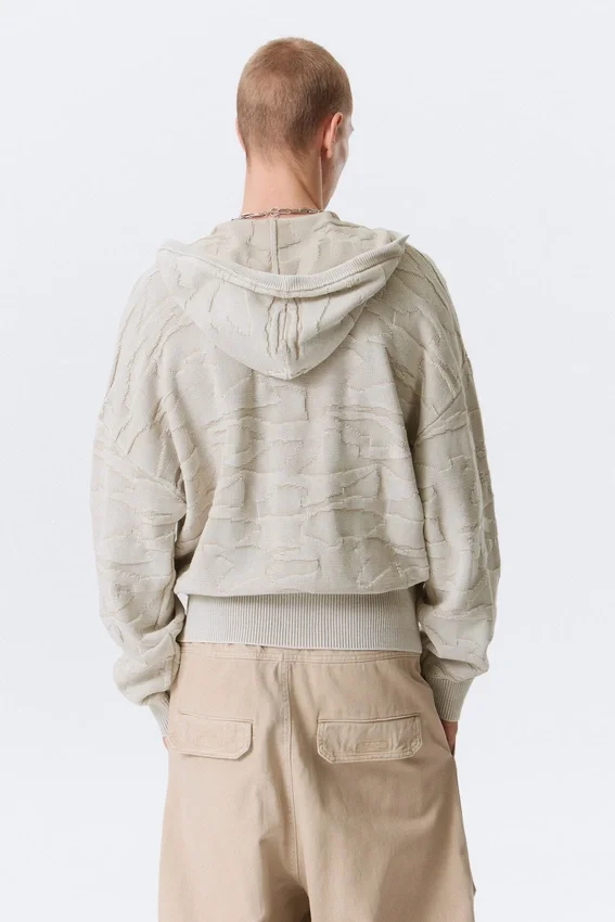 Sudadera con capucha y cremallera de punto texturado de corte recto – Beige claro estampado Sudadera con capucha y cremallera de punto texturado de corte recto – Beige claro estampado