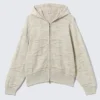 Sudadera con capucha y cremallera de punto texturado de corte recto – Beige claro estampado Sudadera con capucha y cremallera de punto texturado de corte recto – Beige claro estampado