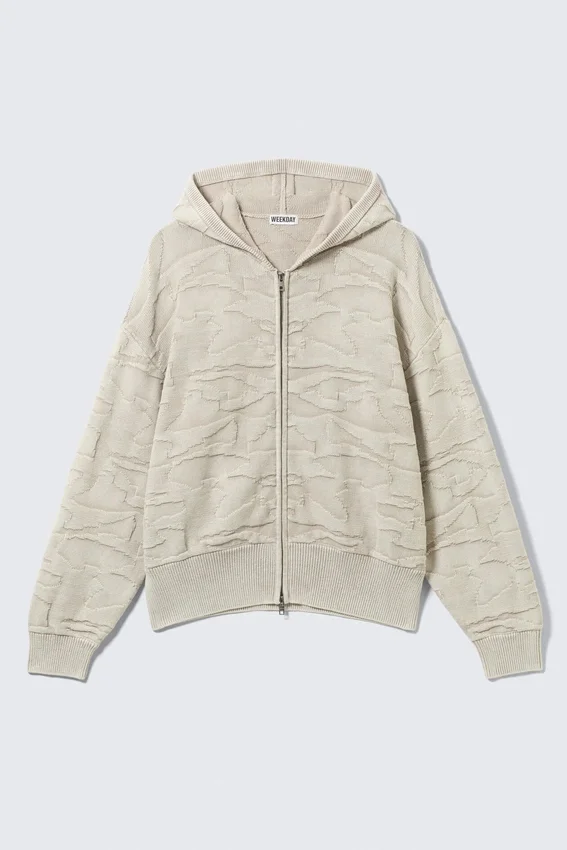 Sudadera con capucha y cremallera de punto texturado de corte recto – Beige claro estampado Sudadera con capucha y cremallera de punto texturado de corte recto – Beige claro estampado
