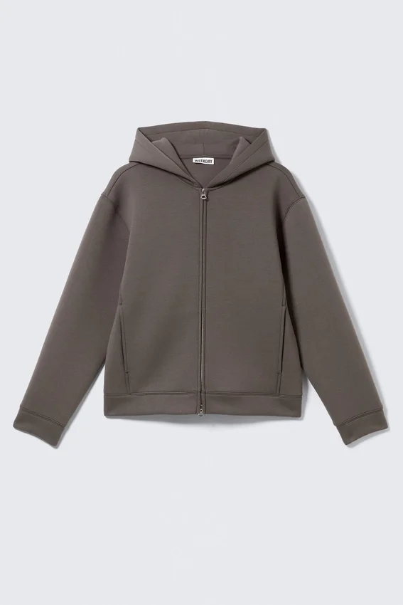 Sudadera con capucha y cremallera de tejido scuba – Marrón oscuro Sudadera con capucha y cremallera de tejido scuba – Marrón oscuro