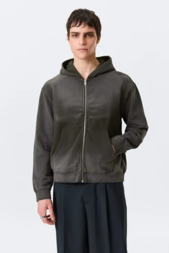 Sudadera con capucha y cremallera, efecto desgastado y encogido – Gris oscuro