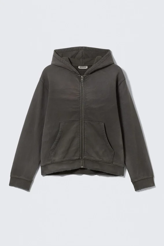 Sudadera con capucha y cremallera, efecto desgastado y encogido – Gris oscuro Sudadera con capucha y cremallera, efecto desgastado y encogido – Gris oscuro