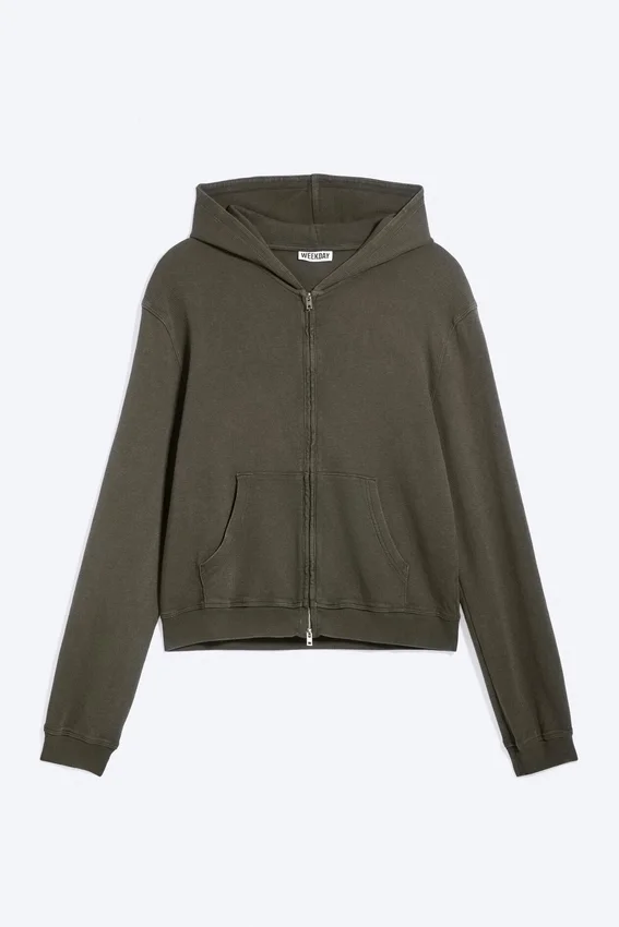 Sudadera con capucha y cremallera encogida – Verde caqui oscuro Sudadera con capucha y cremallera encogida – Verde caqui oscuro