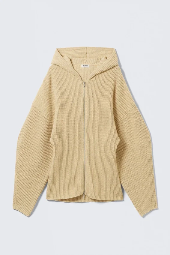 Sudadera con capucha y cremallera larga de punto – Beige Sudadera con capucha y cremallera larga de punto – Beige
