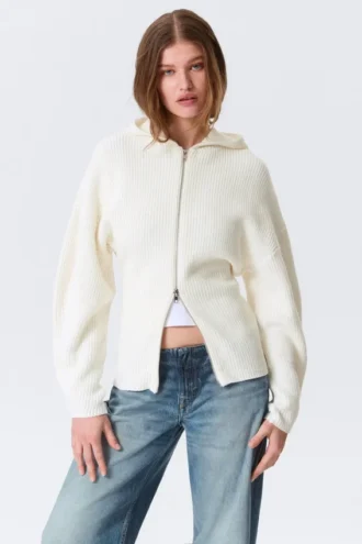 Sudadera con capucha y cremallera larga de punto – Blanca Sudadera con capucha y cremallera larga de punto – Blanca