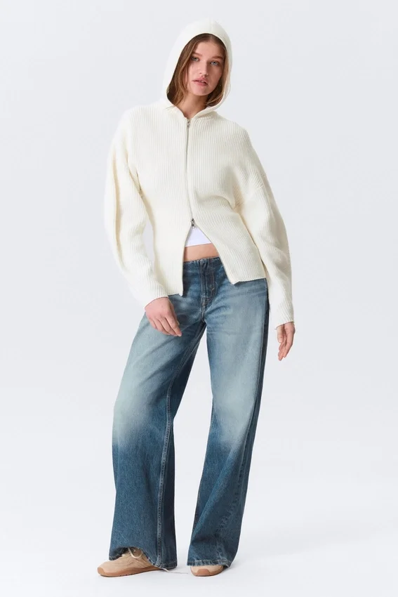 Sudadera con capucha y cremallera larga de punto – Blanca Sudadera con capucha y cremallera larga de punto – Blanca