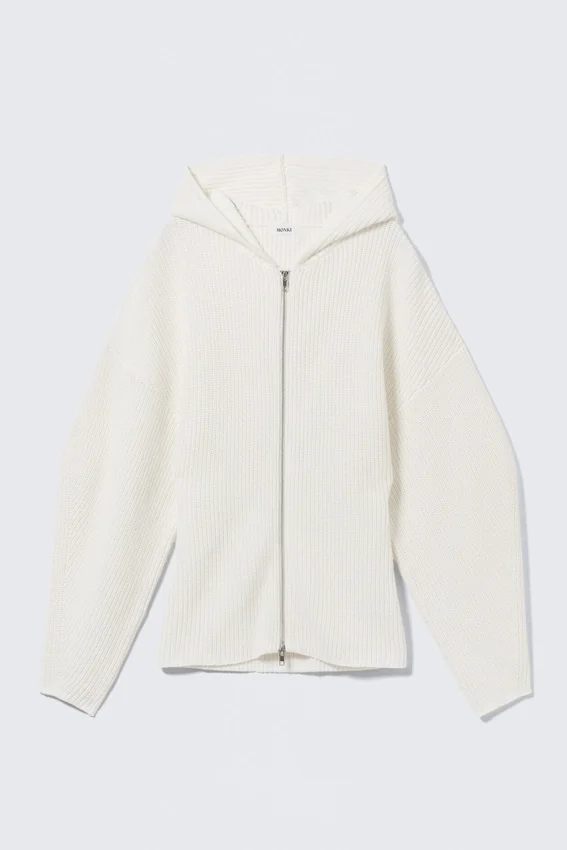 Sudadera con capucha y cremallera larga de punto – Blanca Sudadera con capucha y cremallera larga de punto – Blanca
