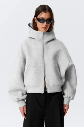 Sudadera con capucha y cremallera oversize de cuello alto tipo scuba – Gris jaspeado