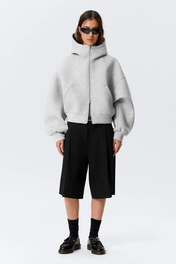 Sudadera con capucha y cremallera oversize de cuello alto tipo scuba – Gris jaspeado Sudadera con capucha y cremallera oversize de cuello alto tipo scuba – Gris jaspeado