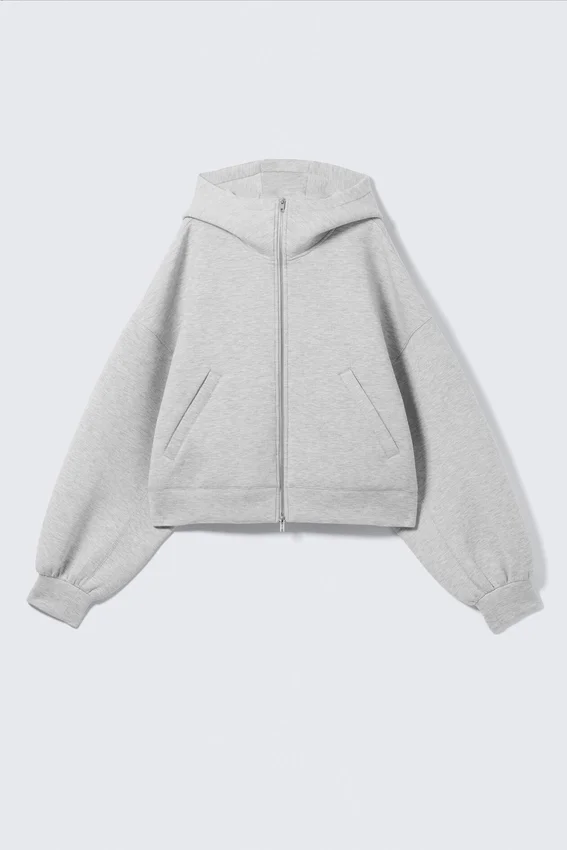 Sudadera con capucha y cremallera oversize de cuello alto tipo scuba – Gris jaspeado Sudadera con capucha y cremallera oversize de cuello alto tipo scuba – Gris jaspeado