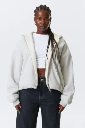 Sudadera con capucha y cremallera oversize de felpa – Gris jaspeado