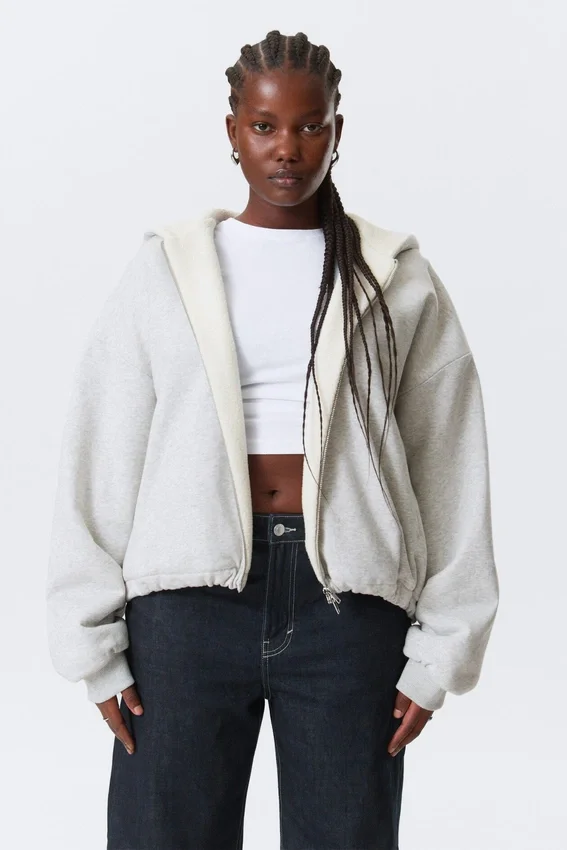 Sudadera con capucha y cremallera oversize de felpa – Gris jaspeado Sudadera con capucha y cremallera oversize de felpa – Gris jaspeado