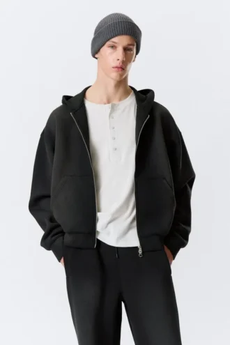 Sudadera con capucha y cremallera Simon Washed Scuba – Negro descolorido