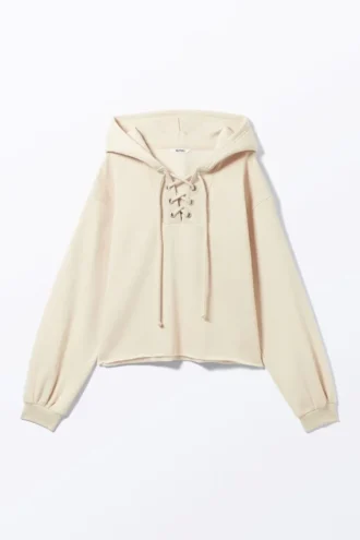 Sudadera corta con capucha y cordón – Beige claro
