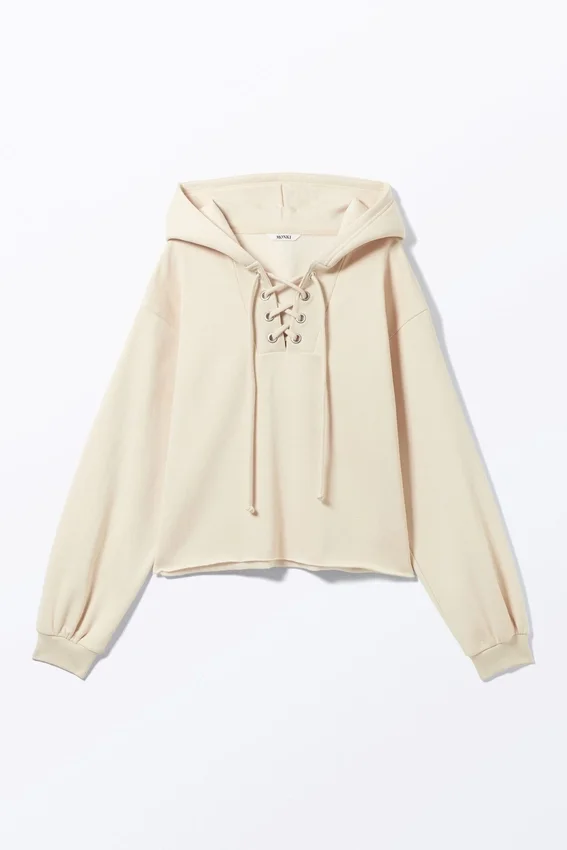 Sudadera corta con capucha y cordón – Beige claro Sudadera corta con capucha y cordón – Beige claro