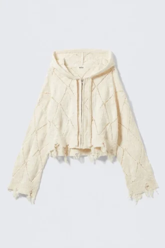 Sudadera corta con capucha y cremallera de punto calado – Blanco roto Sudadera corta con capucha y cremallera de punto calado – Blanco roto