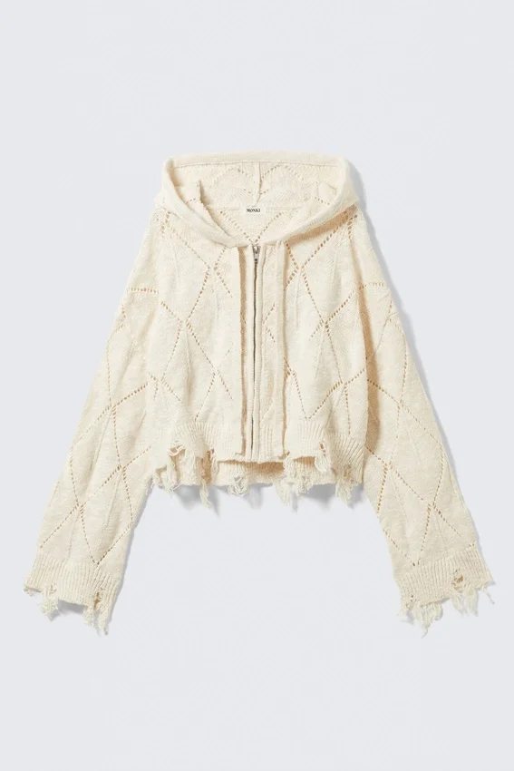 Sudadera corta con capucha y cremallera de punto calado – Blanco roto Sudadera corta con capucha y cremallera de punto calado – Blanco roto