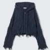 Sudadera corta con capucha y cremallera de punto pointelle – Azul oscuro Sudadera corta con capucha y cremallera de punto pointelle – Azul oscuro