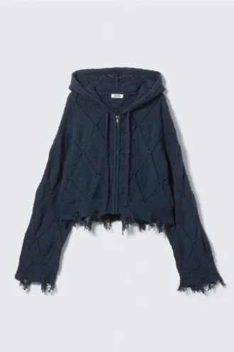 Sudadera corta con capucha y cremallera de punto pointelle – Azul oscuro Sudadera corta con capucha y cremallera de punto pointelle – Azul oscuro