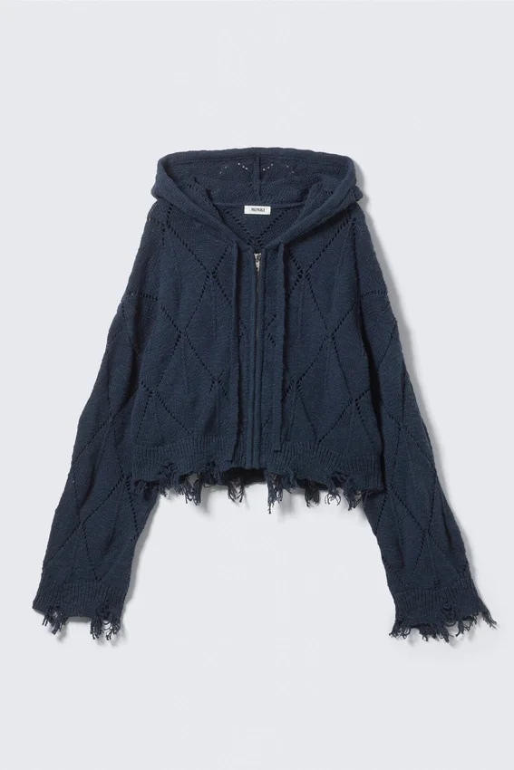 Sudadera corta con capucha y cremallera de punto pointelle – Azul oscuro Sudadera corta con capucha y cremallera de punto pointelle – Azul oscuro