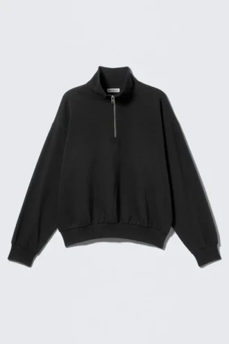 Sudadera de felpa holgada con media cremallera – Negro