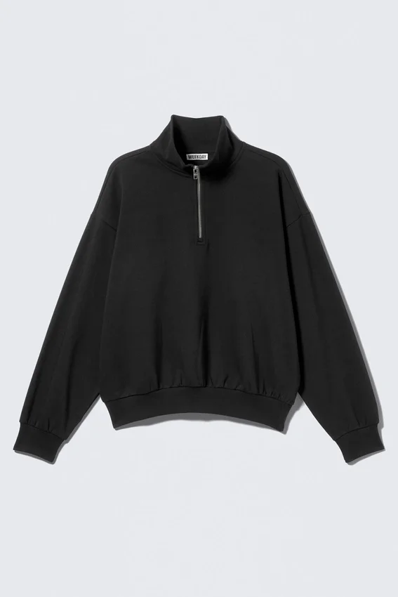 Sudadera de felpa holgada con media cremallera – Negro Sudadera de felpa holgada con media cremallera – Negro