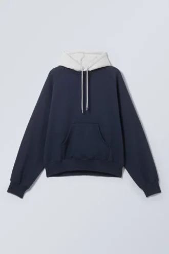 Sudadera holgada con capucha y mangas raglán – Azul oscuro/Gris