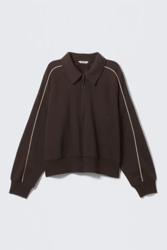 Sudadera holgada tipo polo con media cremallera – Marrón oscuro