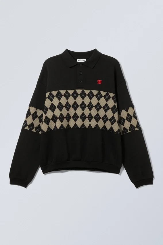 Sudadera polo holgada con estampados – Negro – Inserto de rombos Sudadera polo holgada con estampados – Negro – Inserto de rombos