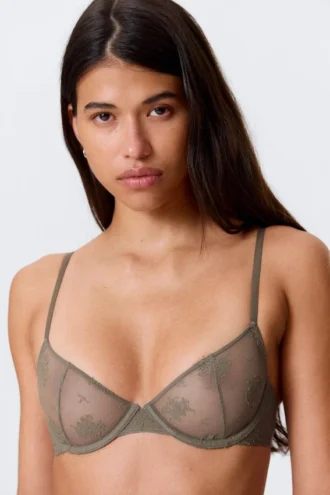 Sujetador con aros de encaje transparente – Gris empolvado