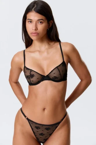 Sujetador con aros de encaje transparente – Negro