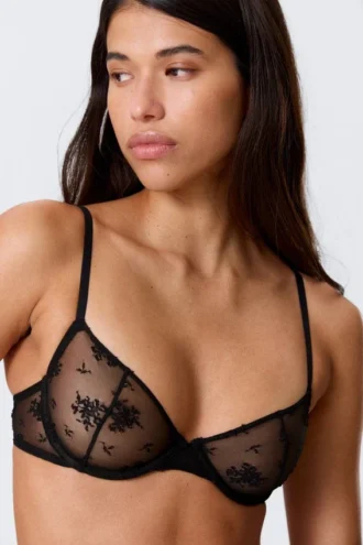 Sujetador con aros de encaje transparente – Negro