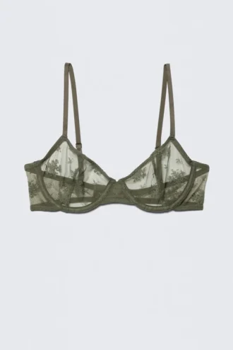 Sujetador con aros de encaje transparente – Verde caqui oscuro