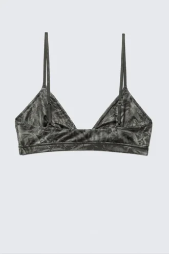 Sujetador triangular con cuello en V de microtejido suave – Gris oscuro – Estampado arrugado