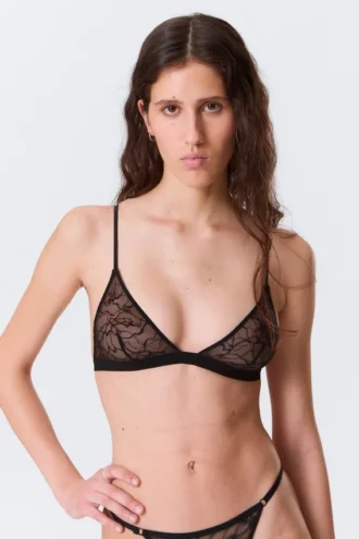 Sujetador triangular de encaje ondulado – Negro