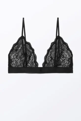 Sujetador triangular de encaje suave Lacey – Negro