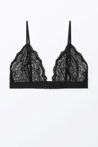 Sujetador triangular de encaje suave Lacey – Negro