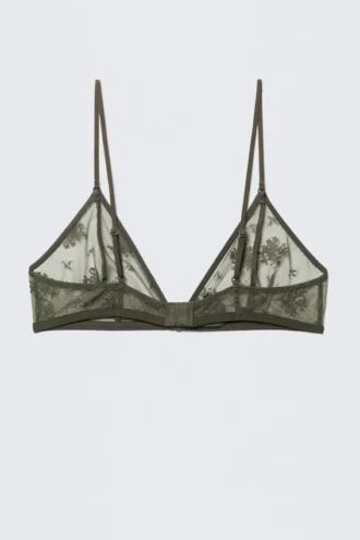 Sujetador triangular de encaje suave – Verde caqui oscuro