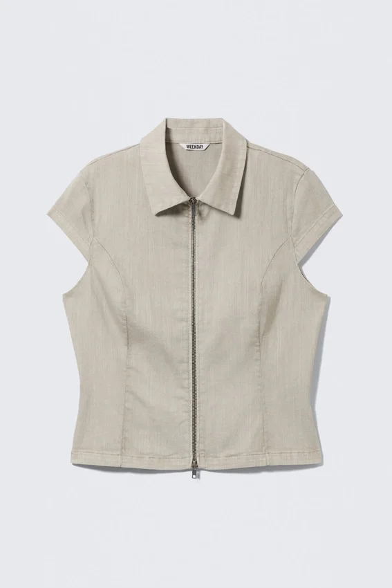 Top ajustado de manga corta con cremallera – Beige Top ajustado de manga corta con cremallera – Beige