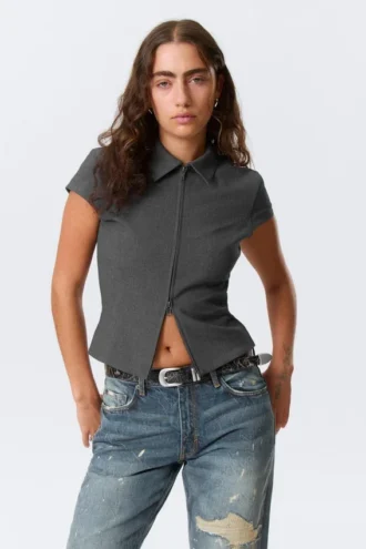Top ajustado de manga corta con cremallera – Gris oscuro jaspeado