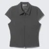 Top ajustado de manga corta con cremallera – Gris oscuro jaspeado