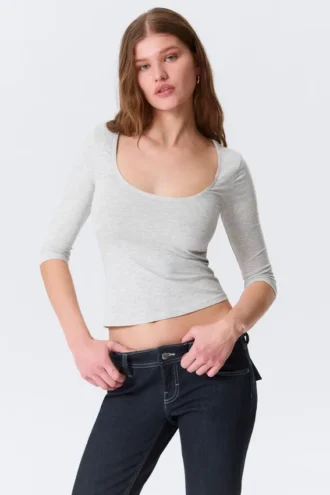 Top ajustado de manga tres cuartos – Gris jaspeado