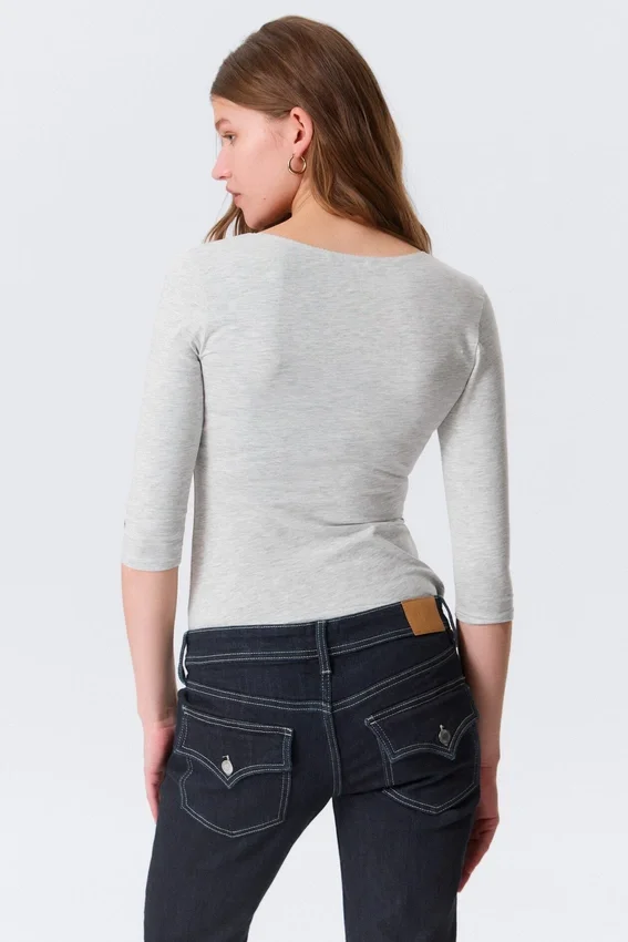 Top ajustado de manga tres cuartos – Gris jaspeado Top ajustado de manga tres cuartos – Gris jaspeado