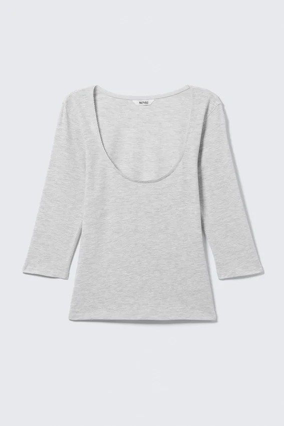 Top ajustado de manga tres cuartos – Gris jaspeado Top ajustado de manga tres cuartos – Gris jaspeado