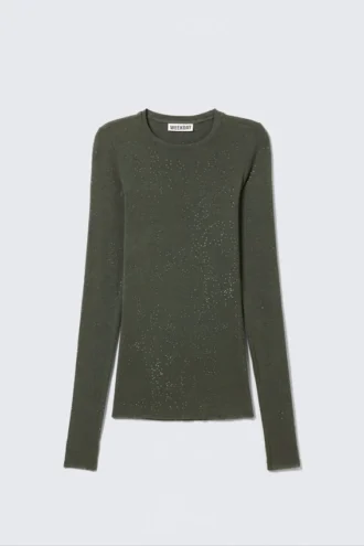Top ajustado estampado con pedrería – Verde caqui oscuro