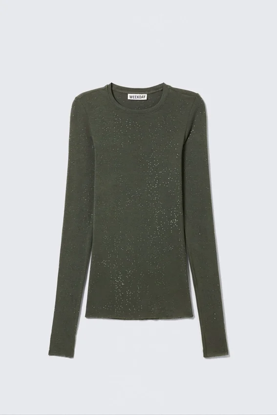 Top ajustado estampado con pedrería – Verde caqui oscuro Top ajustado estampado con pedrería – Verde caqui oscuro